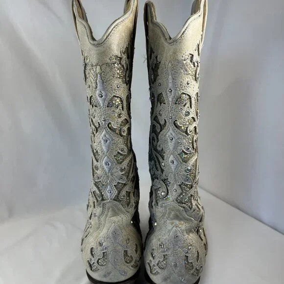 WOMEN'S WHITE GLITTERED INLAY AND CRYSTALS SNIP COWBOY BOOT 9M - Picture 4 of 16